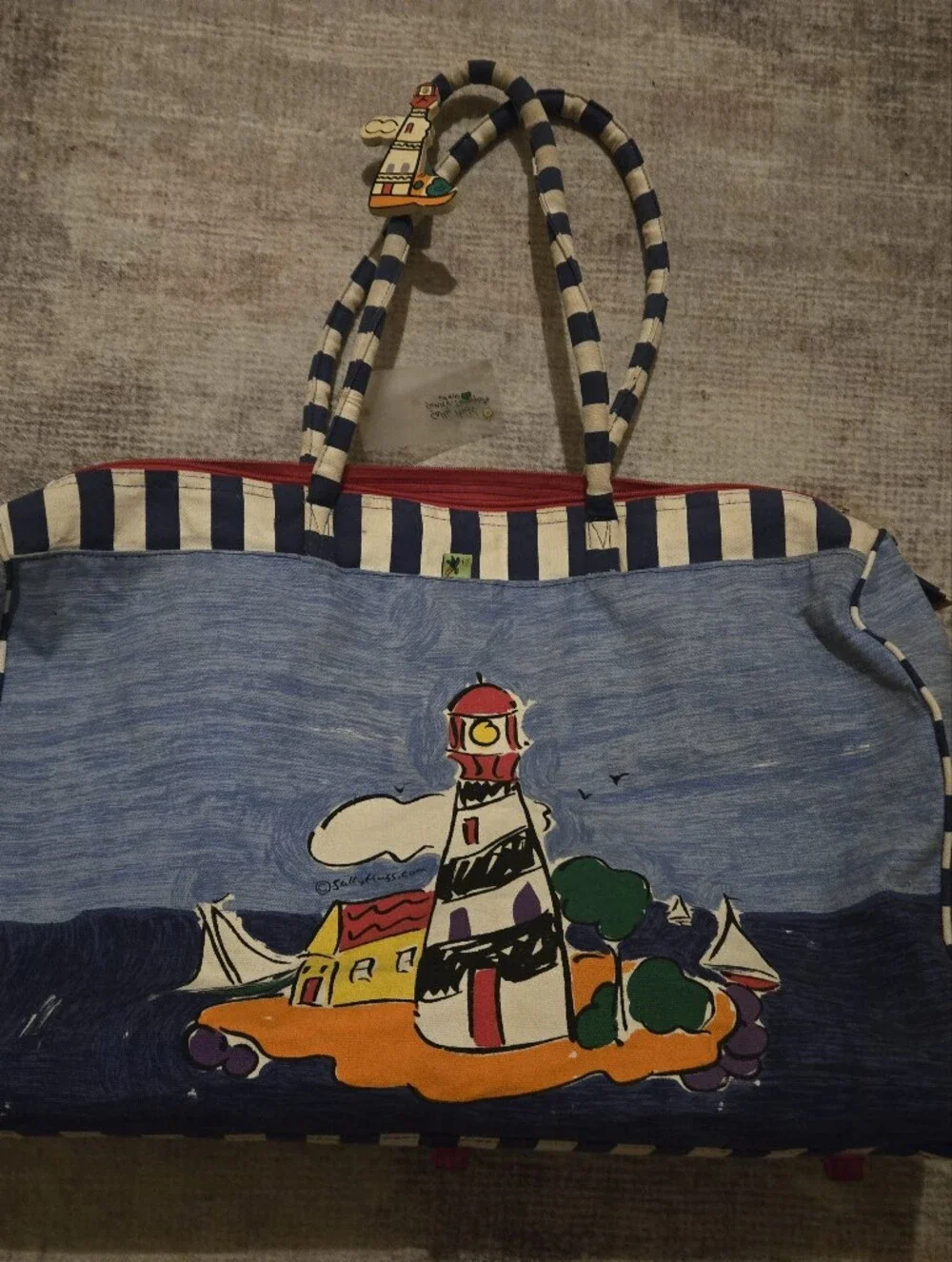 Sally HUSS Striped Blue Canvas Tote Bag with Lighthouse Print